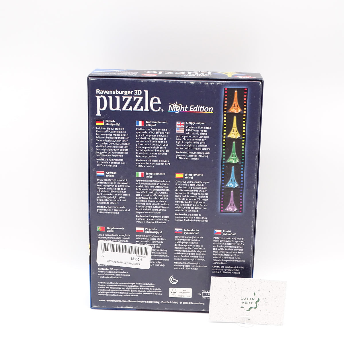 Puzzle 3D La Tour Eiffel (Night Edition) RAVENSBURGER - Dès 12 ans | Ref 15511