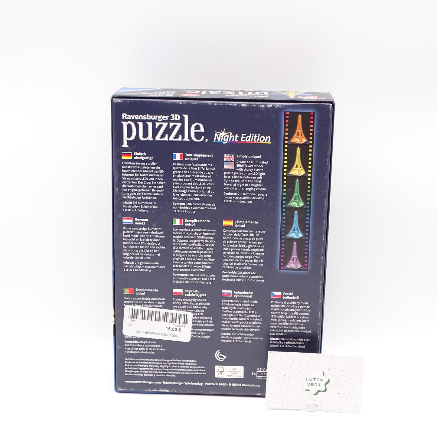 Puzzle 3D La Tour Eiffel (Night Edition) RAVENSBURGER - Dès 12 ans | Ref 15511